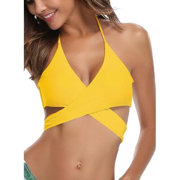 Shekini Womens Yellow Wrap Bikini Halter Bandage Set Size Large - Picture 2 of 9